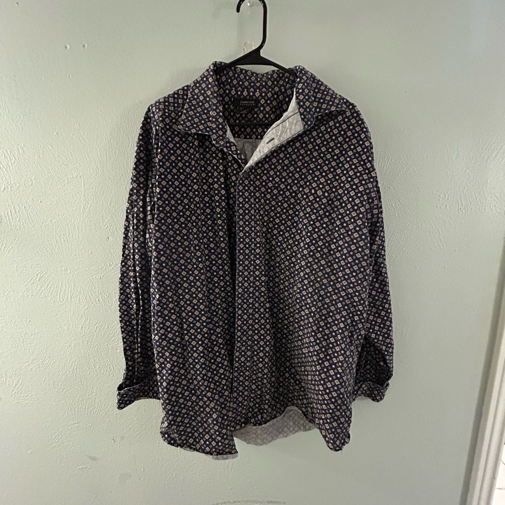 Navy and White Patterned Button-Up Shirt